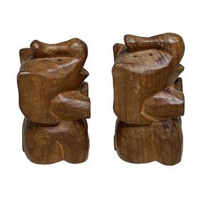 Vintage Hand-Carved Wooden Elephant S&P Shakers Trunks Up